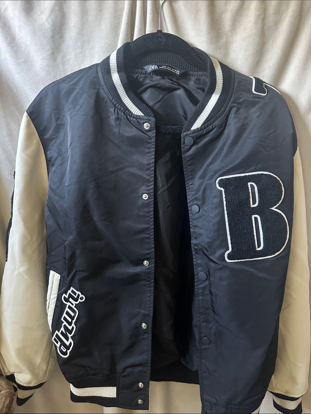 Zara Black and Cream Letterman Bomber Jacket